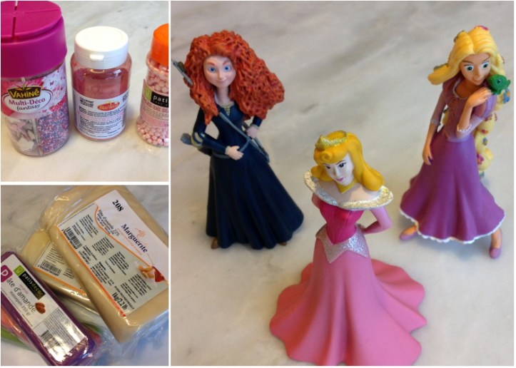 Pâte d'amande blanche et colorée - Personnages Disney - Perles nacrées, poudre nacrée et petites décorations en sucre rose et violet